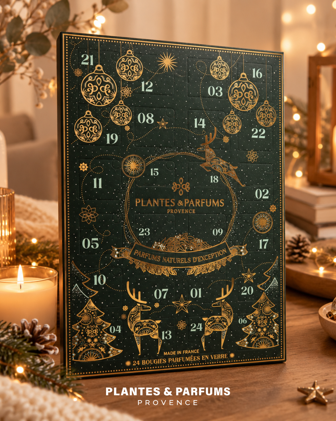 Calendrier de l'Avent 24 bougies parfumées Plantes & Parfums, coffret vert illustré de dorures
