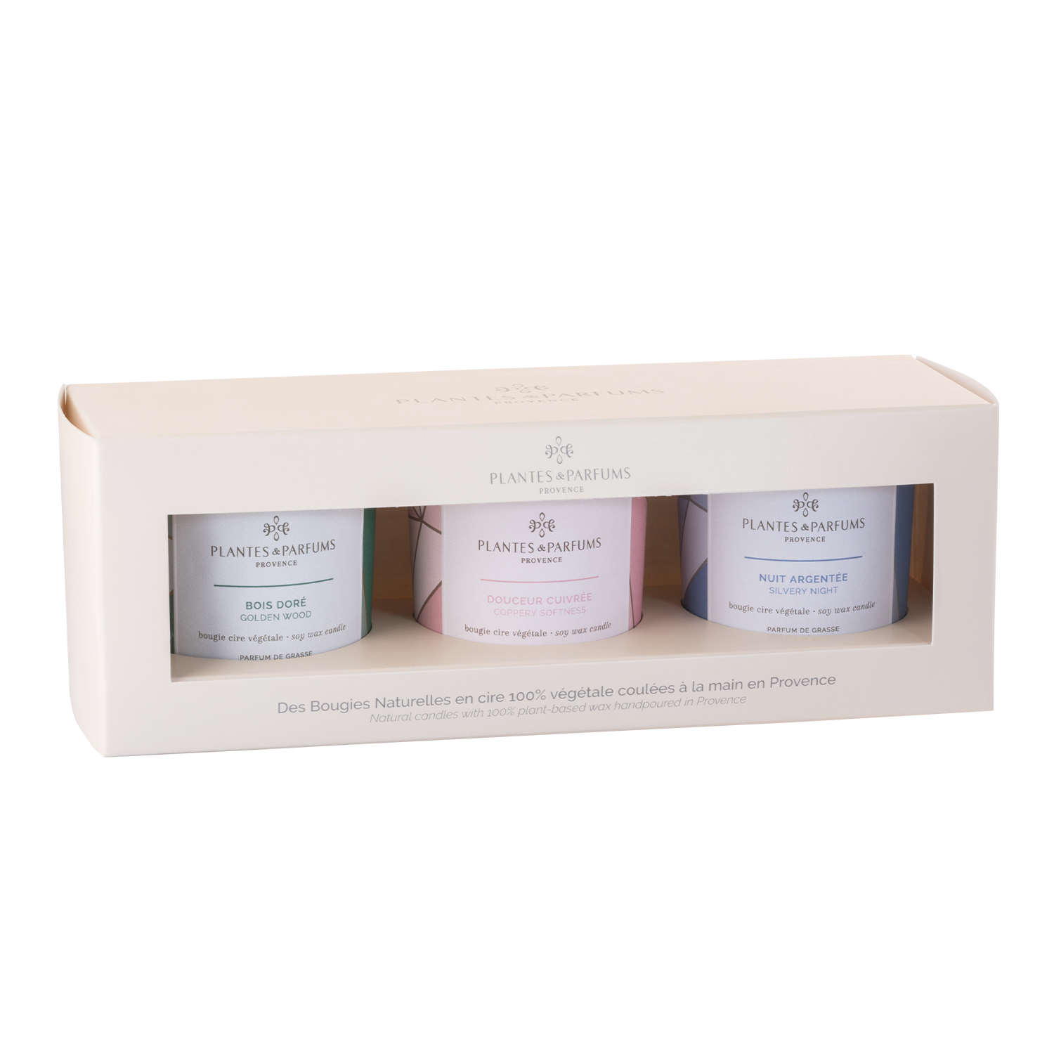 Coffret 3 Bougies Végétales 75g : Douceur Cuivrée, Bois Doré, Nuit Argentée